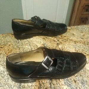 J&M Johnson Murphy Black Leather Woven Silver Buckle Men’s Shoes Size 12 M